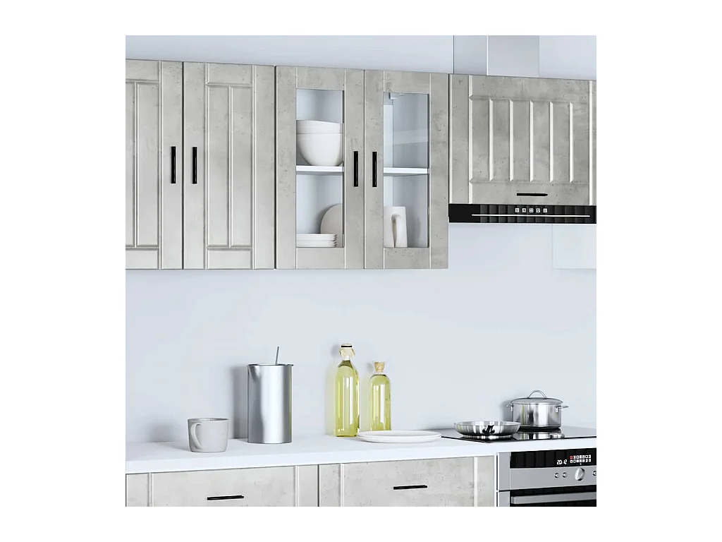 Pensile cucina con anta in vetro cemento grigio