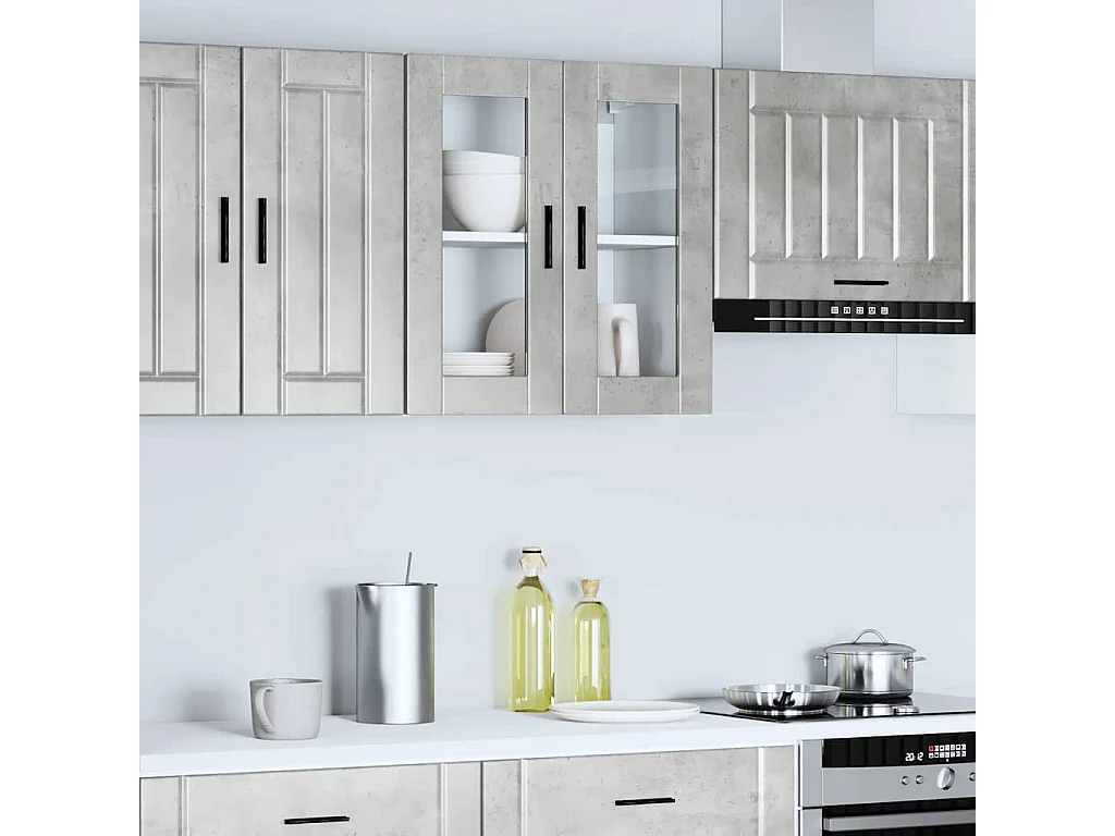 Armoire murale de cuisine avec porte en verre gris béton