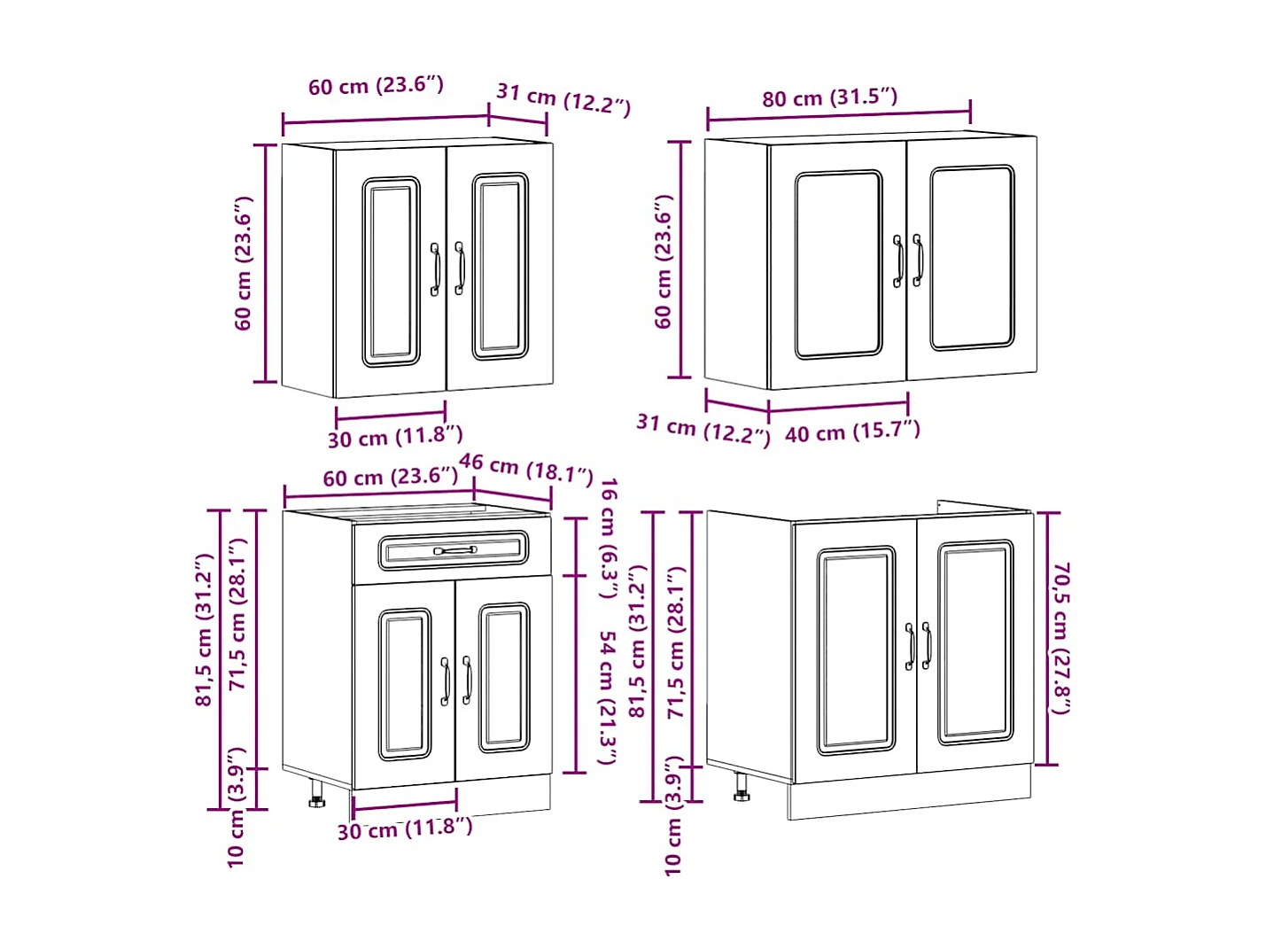 Set di mobili da cucina da 4 pezzi in legno ingegnerizzato bianco