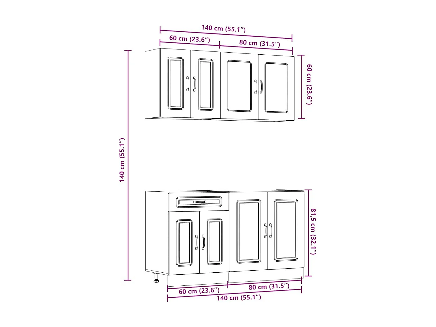Set di mobili da cucina da 4 pezzi in legno ingegnerizzato bianco