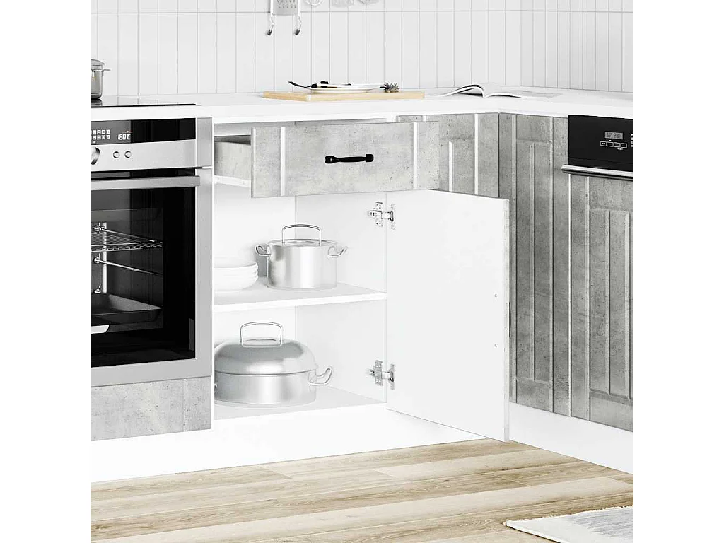 betongrijze keukenkast van bewerkt hout