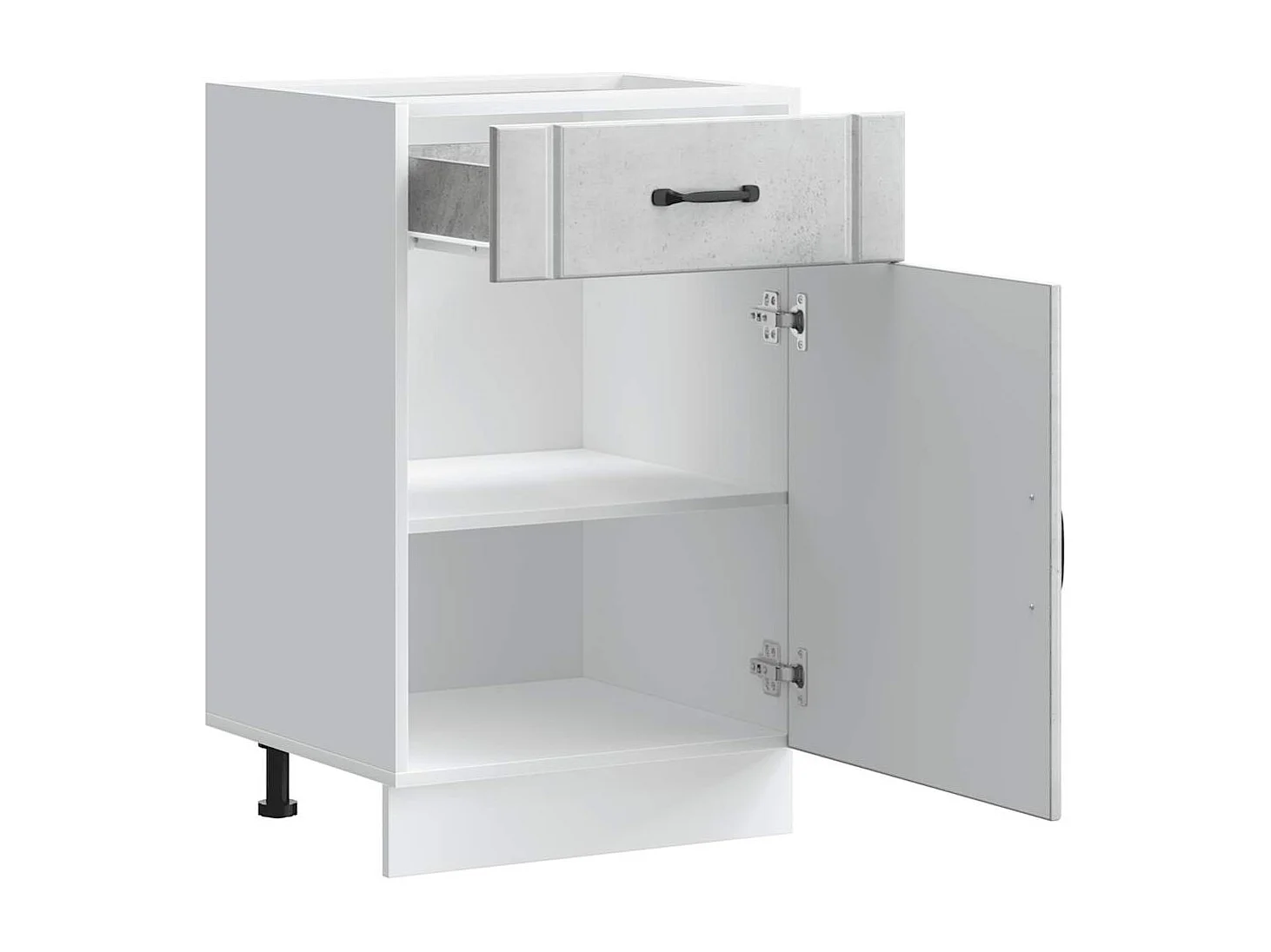 betongrijze keukenkast van bewerkt hout