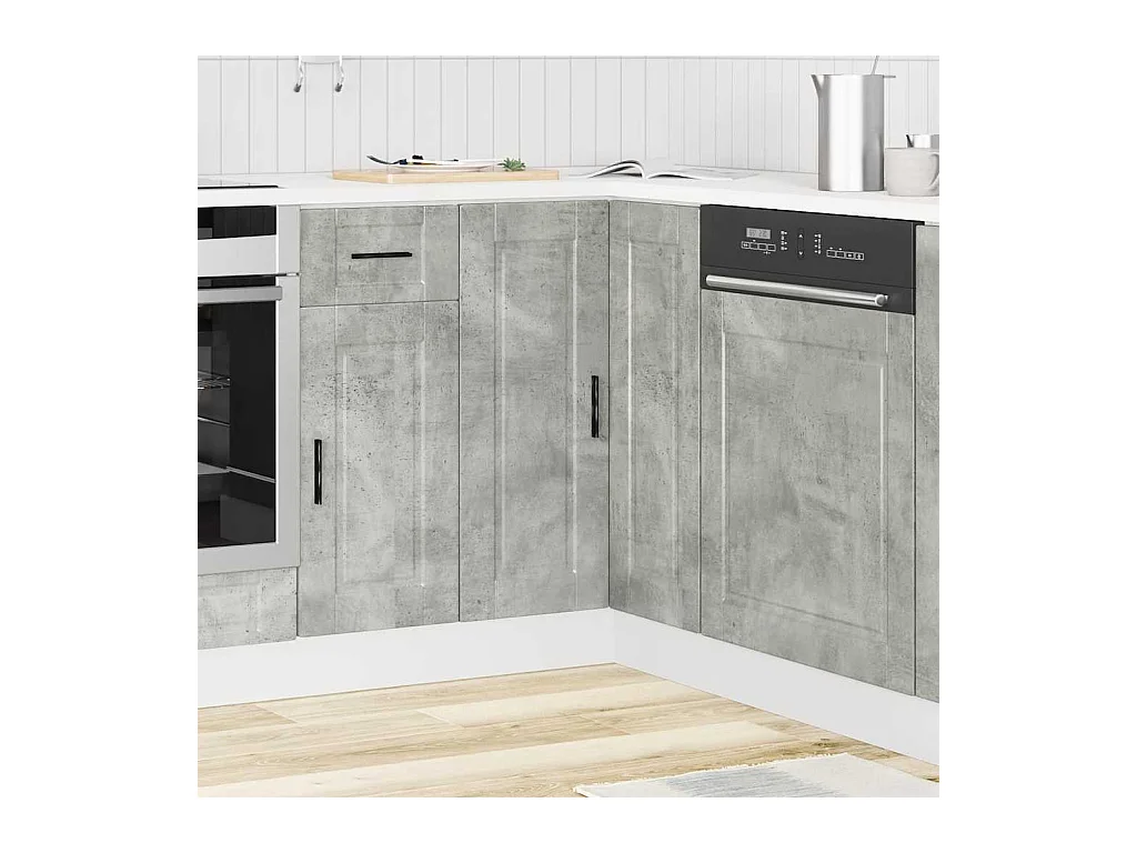 Armoire d'angle de cuisine gris béton bois d'ingénierie