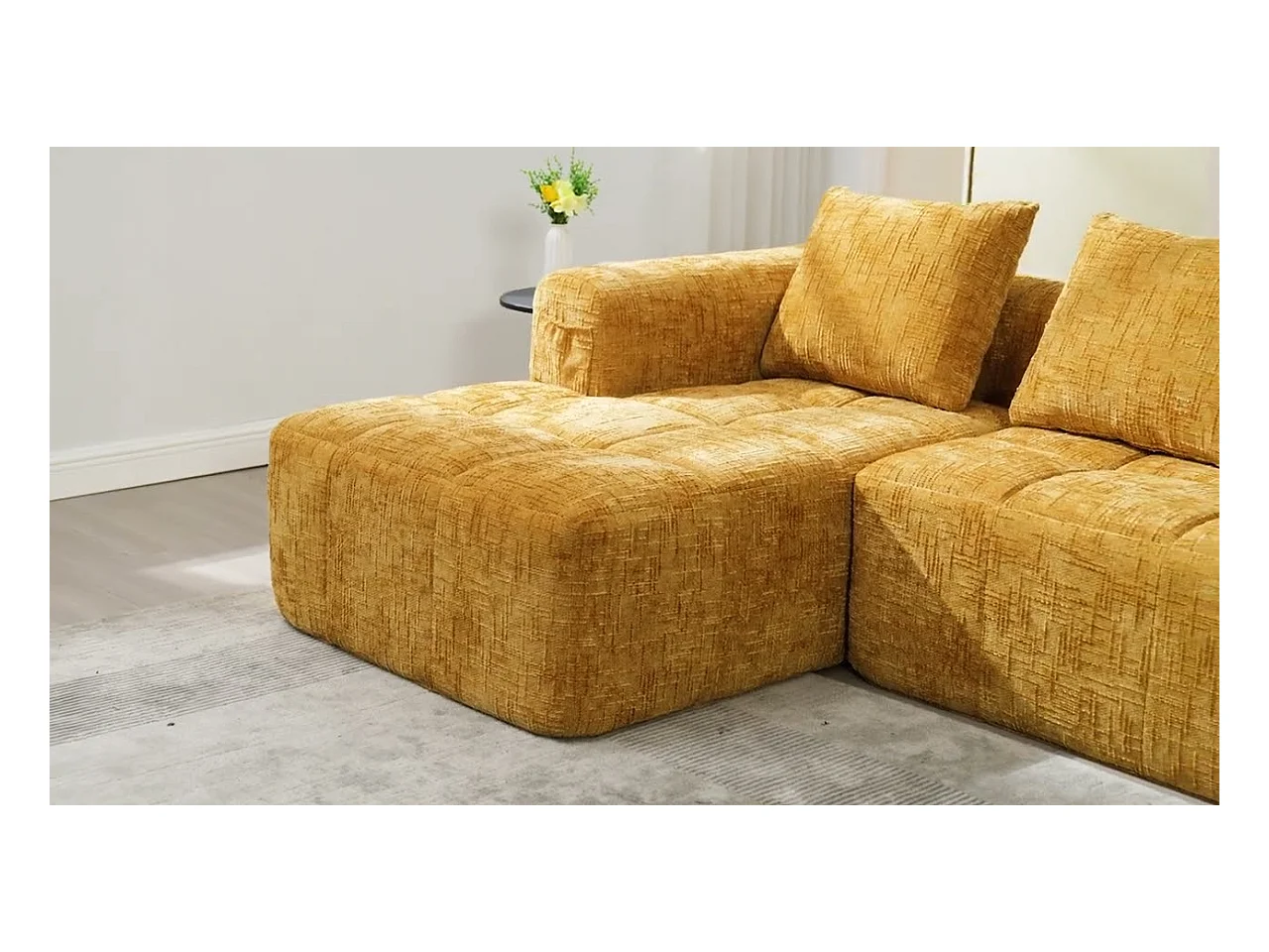 Canapé d'Angle 3 Places en Chenille Noir avec 3 Dossiers Amovibles avec Poche de Rangement - Confort Modulable