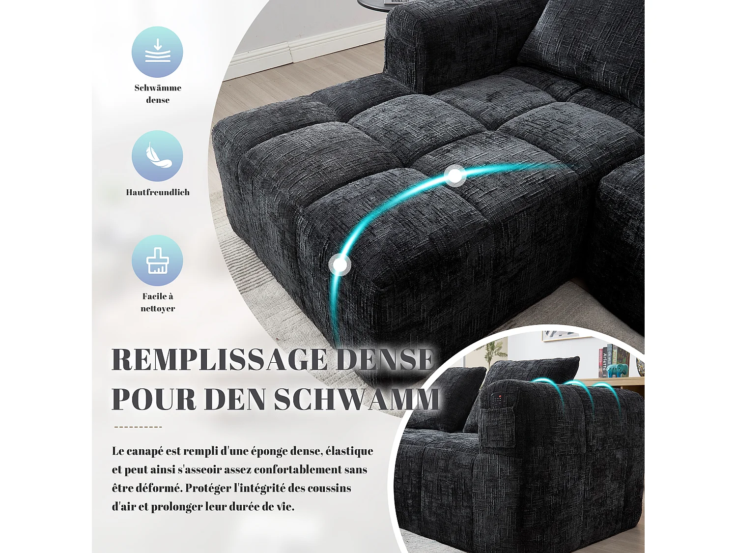 Canapé d'Angle 3 Places en Chenille Noir avec 3 Dossiers Amovibles avec Poche de Rangement - Confort Modulable