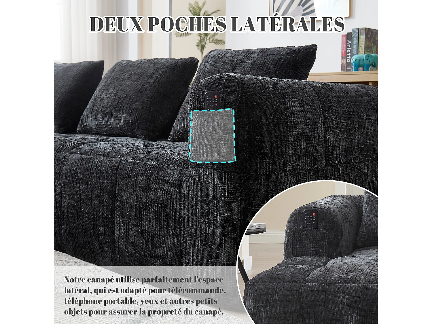 Canapé d'Angle 3 Places en Chenille Noir avec 3 Dossiers Amovibles avec Poche de Rangement - Confort Modulable