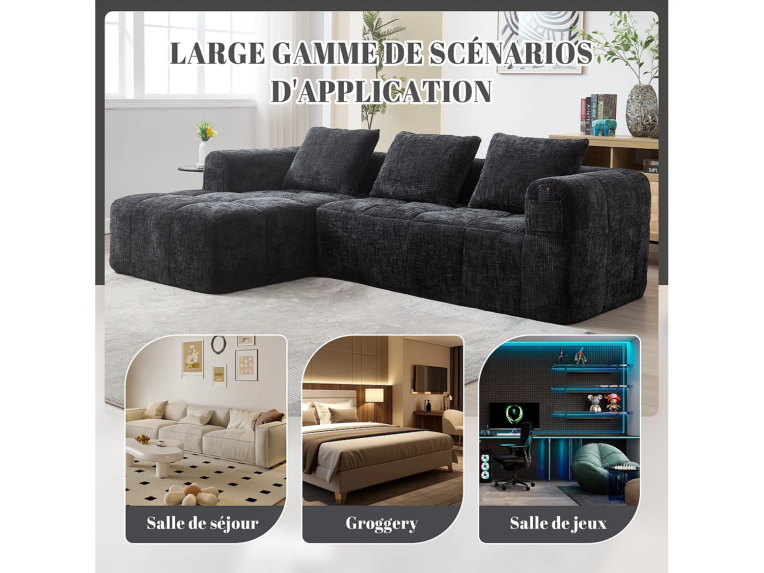 Canapé d'Angle 3 Places en Chenille Noir avec 3 Dossiers Amovibles avec Poche de Rangement - Confort Modulable