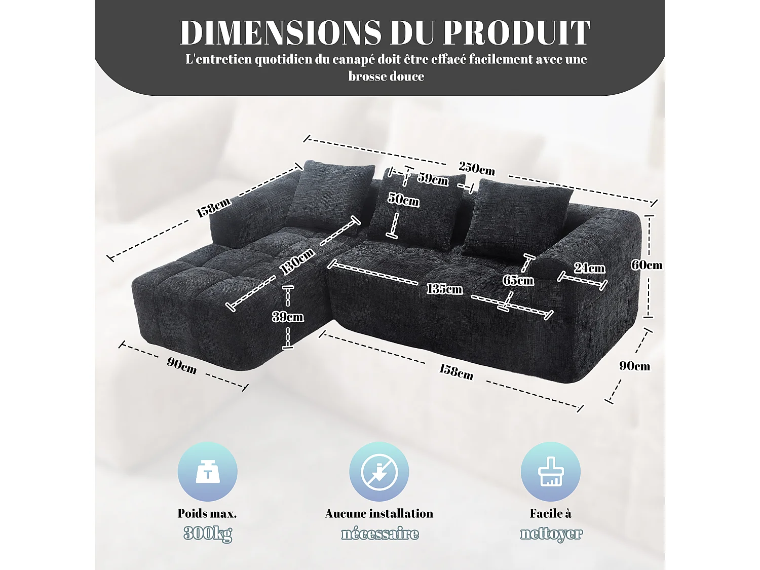 Canapé d'Angle 3 Places en Chenille Noir avec 3 Dossiers Amovibles avec Poche de Rangement - Confort Modulable