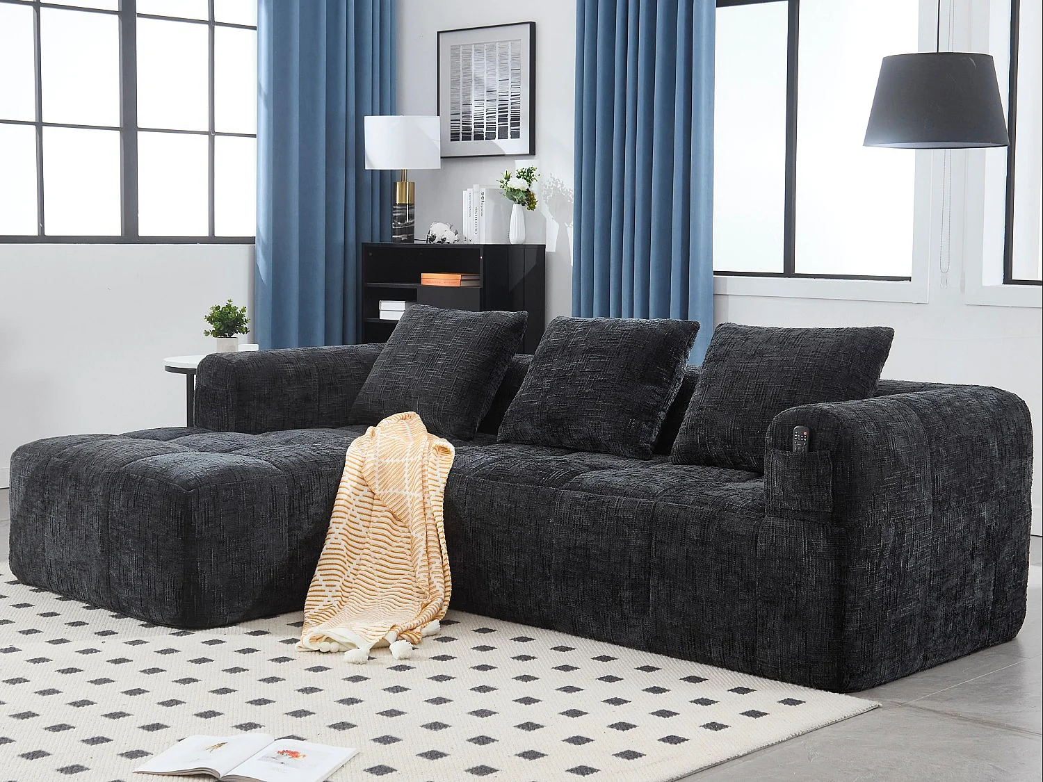 Canapé d'Angle 3 Places en Chenille Noir avec 3 Dossiers Amovibles avec Poche de Rangement - Confort Modulable