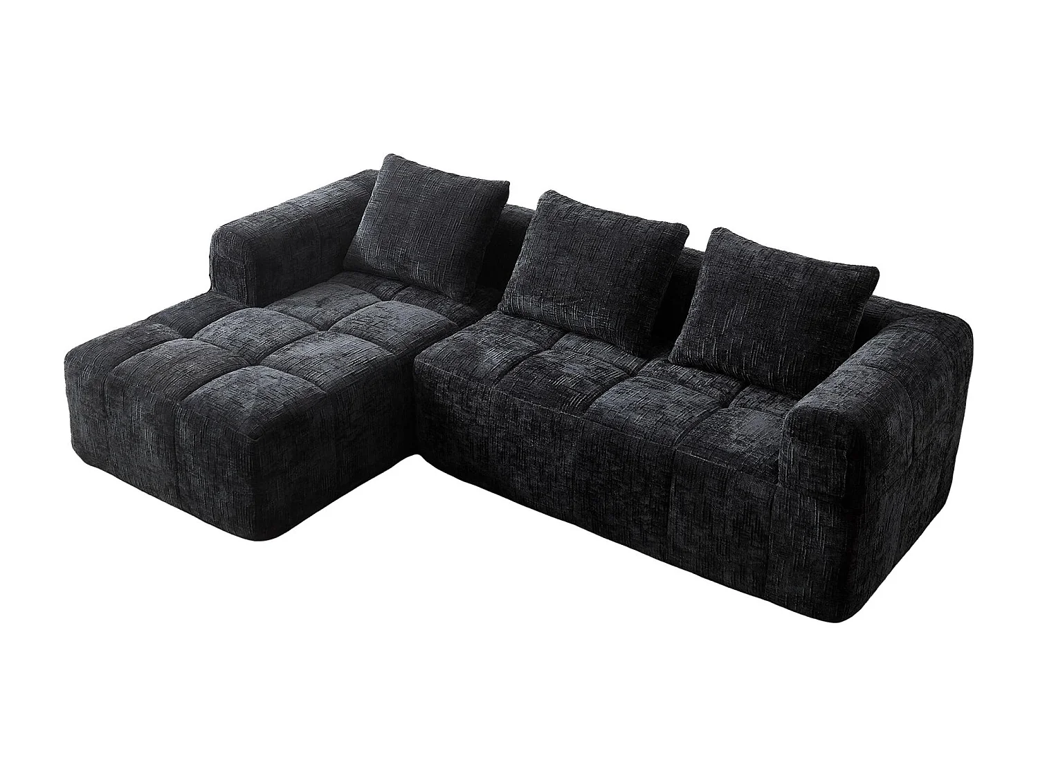 Canapé d'Angle 3 Places en Chenille Noir avec 3 Dossiers Amovibles avec Poche de Rangement - Confort Modulable