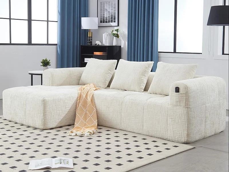 Canapé d'Angle 3 Places en Chenille Beige avec 3 Dossiers Amovibles - Poche de Rangement - Confort Modulable