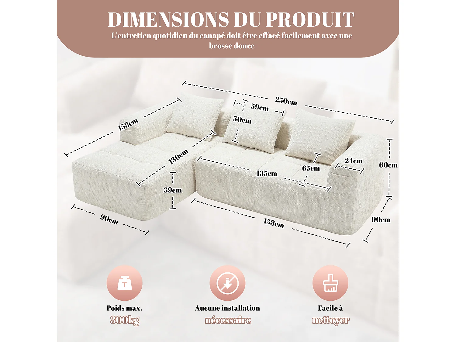 Canapé d'Angle 3 Places en Chenille Beige avec 3 Dossiers Amovibles - Poche de Rangement - Confort Modulable