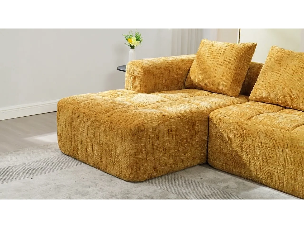 Canapé d'Angle 3 Places en Chenille Beige avec 3 Dossiers Amovibles - Poche de Rangement - Confort Modulable