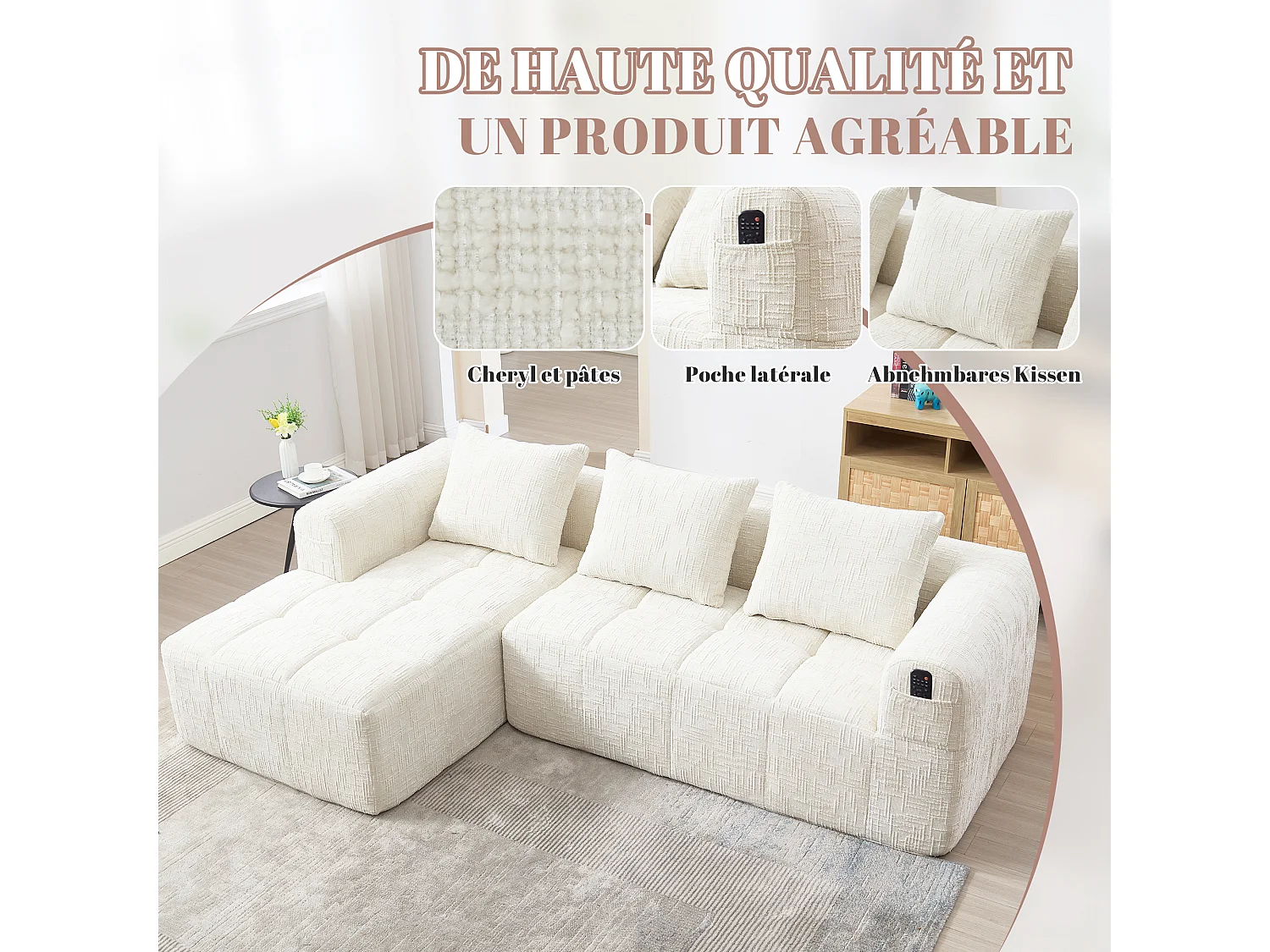 Canapé d'Angle 3 Places en Chenille Beige avec 3 Dossiers Amovibles - Poche de Rangement - Confort Modulable