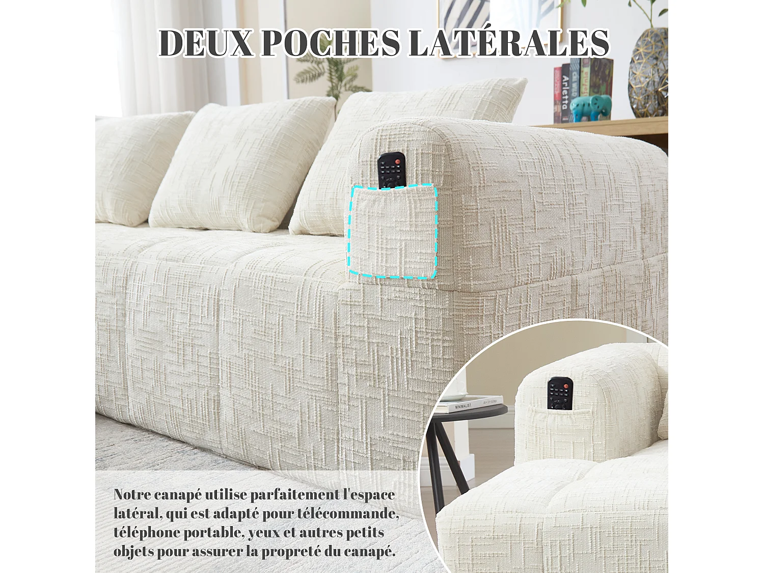 Canapé d'Angle 3 Places en Chenille Beige avec 3 Dossiers Amovibles - Poche de Rangement - Confort Modulable