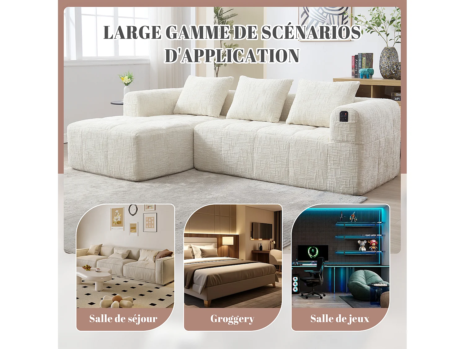 Canapé d'Angle 3 Places en Chenille Beige avec 3 Dossiers Amovibles - Poche de Rangement - Confort Modulable