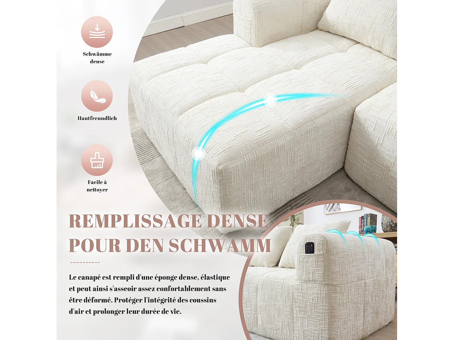 Canapé d'Angle 3 Places en Chenille Beige avec 3 Dossiers Amovibles - Poche de Rangement - Confort Modulable