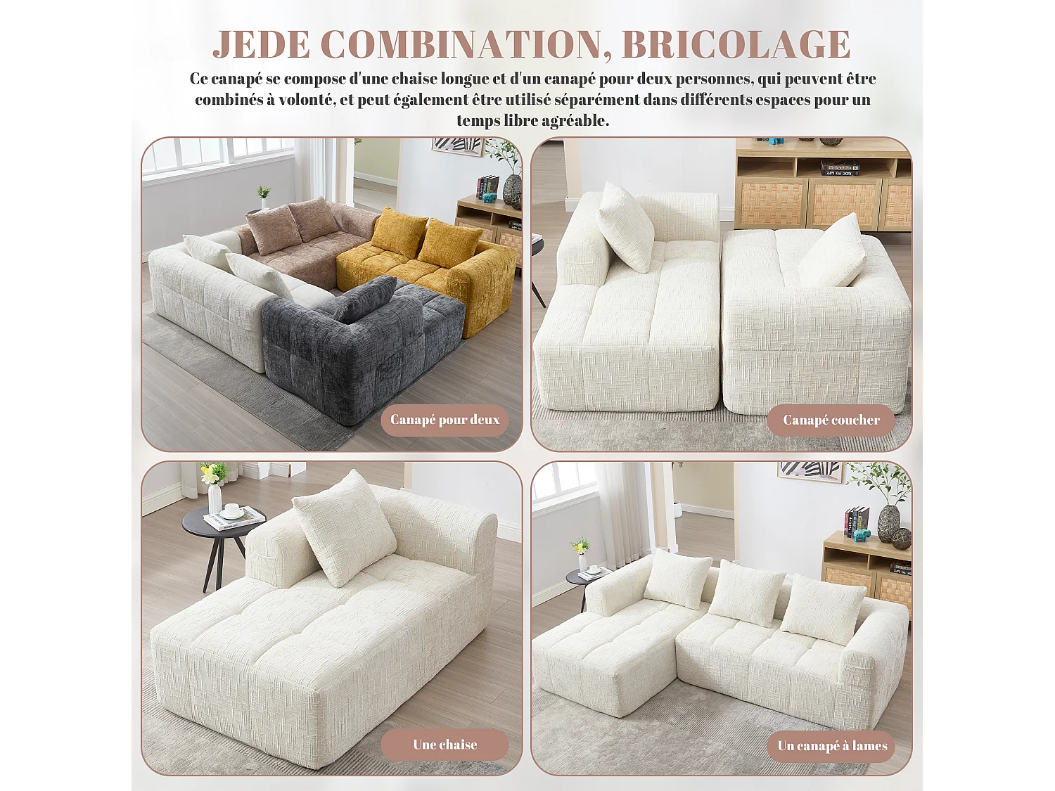 Canapé d'Angle 3 Places en Chenille Beige avec 3 Dossiers Amovibles - Poche de Rangement - Confort Modulable