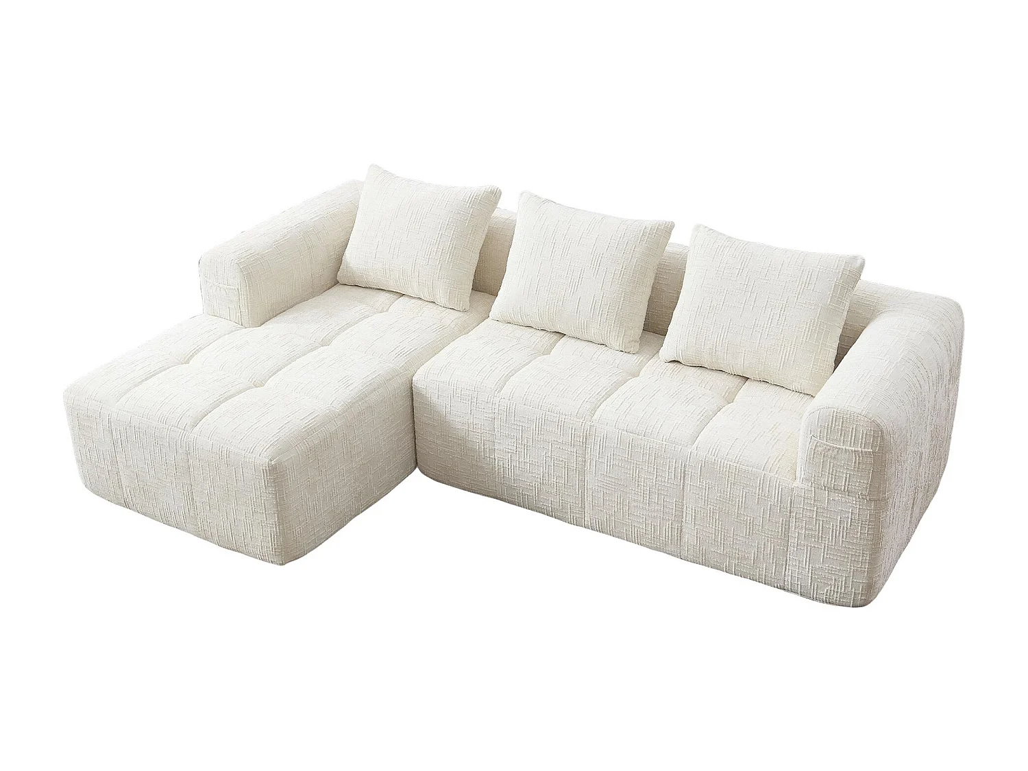 Canapé d'Angle 3 Places en Chenille Beige avec 3 Dossiers Amovibles - Poche de Rangement - Confort Modulable