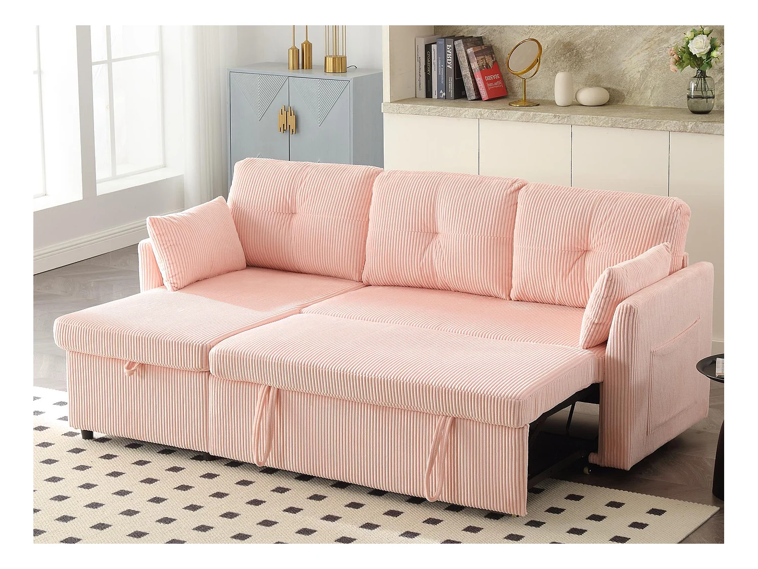 Canapé 3 Places d'Angle Convertible avec Rangement en Velours Rose Rayé -  avec 2 Oreiller - 206x130x66-88cm