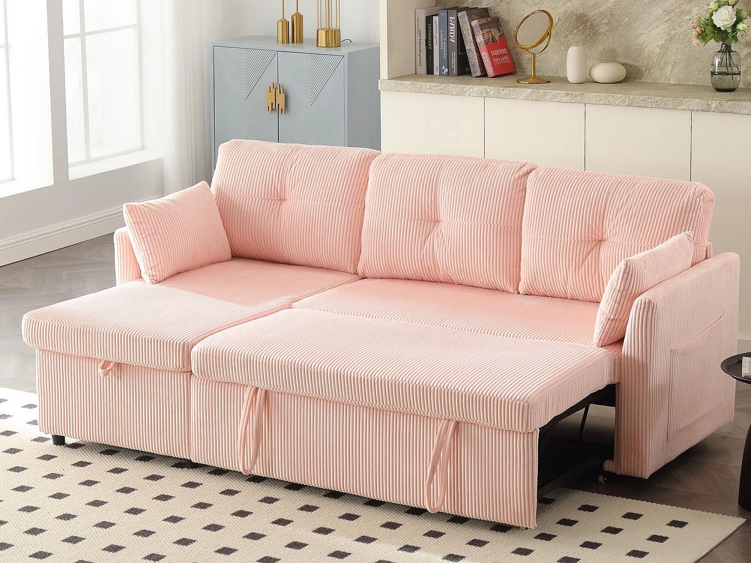 Allurex 1.0 -Canapé 3 Places d'Angle Convertible avec Rangement en Velours Rose Rayé -  avec 2 Oreiller - 206x130x66-88cm