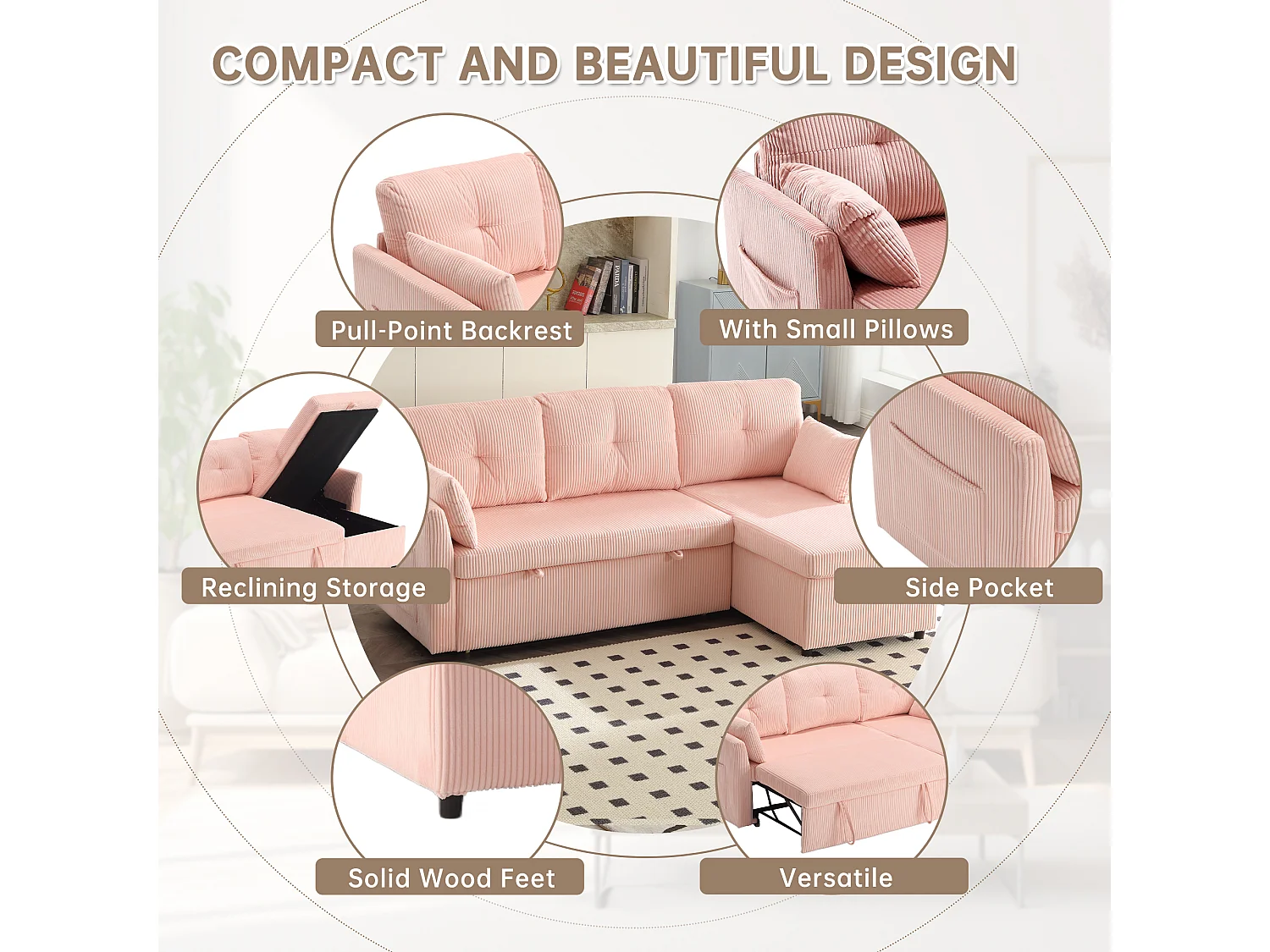 Allurex 1.0 -Canapé 3 Places d'Angle Convertible avec Rangement en Velours Rose Rayé -  avec 2 Oreiller - 206x130x66-88cm