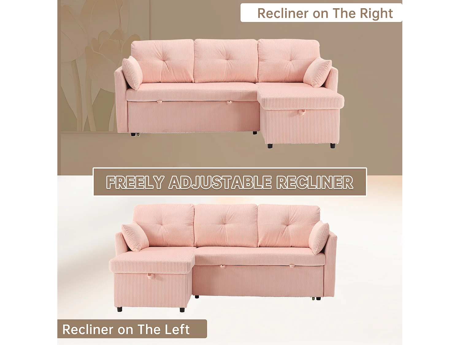 Allurex 1.0 -Canapé 3 Places d'Angle Convertible avec Rangement en Velours Rose Rayé -  avec 2 Oreiller - 206x130x66-88cm
