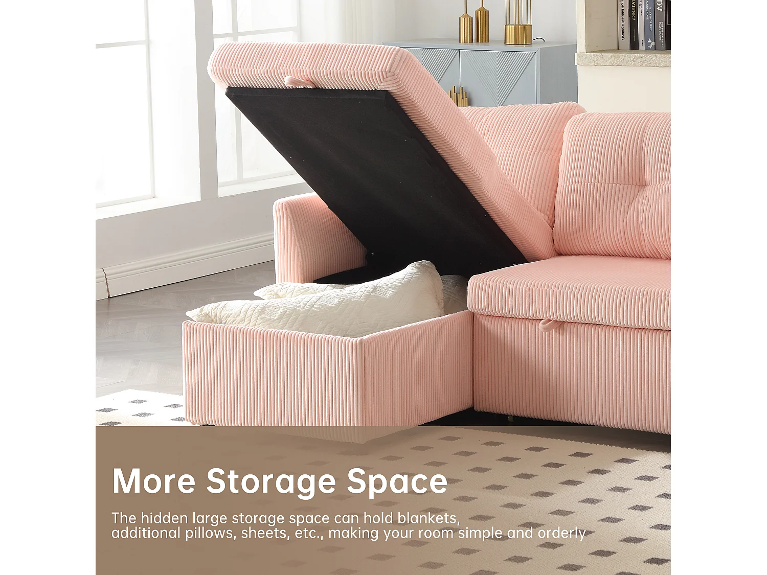 Allurex 1.0 -Canapé 3 Places d'Angle Convertible avec Rangement en Velours Rose Rayé -  avec 2 Oreiller - 206x130x66-88cm