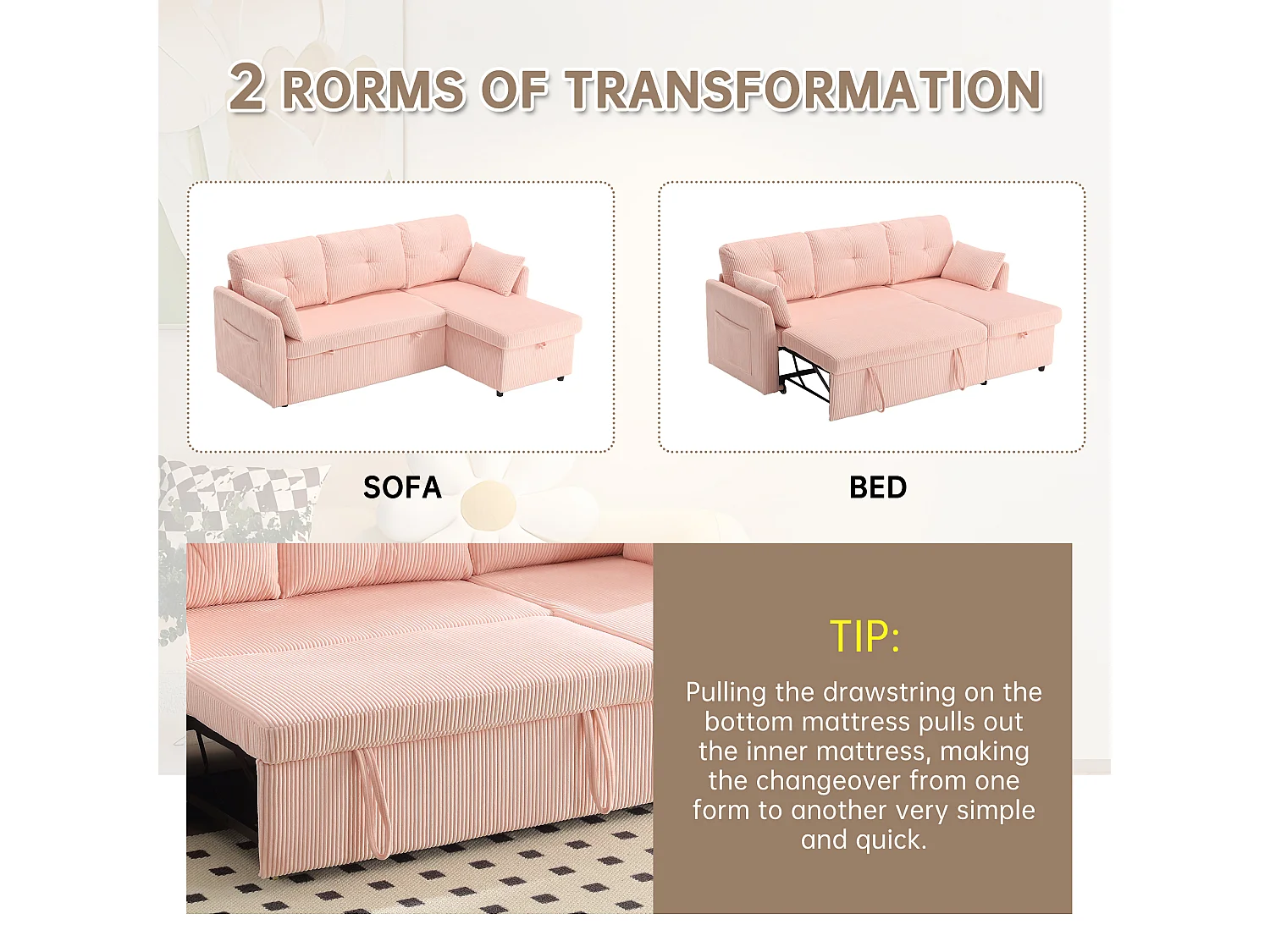 Allurex 1.0 -Canapé 3 Places d'Angle Convertible avec Rangement en Velours Rose Rayé -  avec 2 Oreiller - 206x130x66-88cm