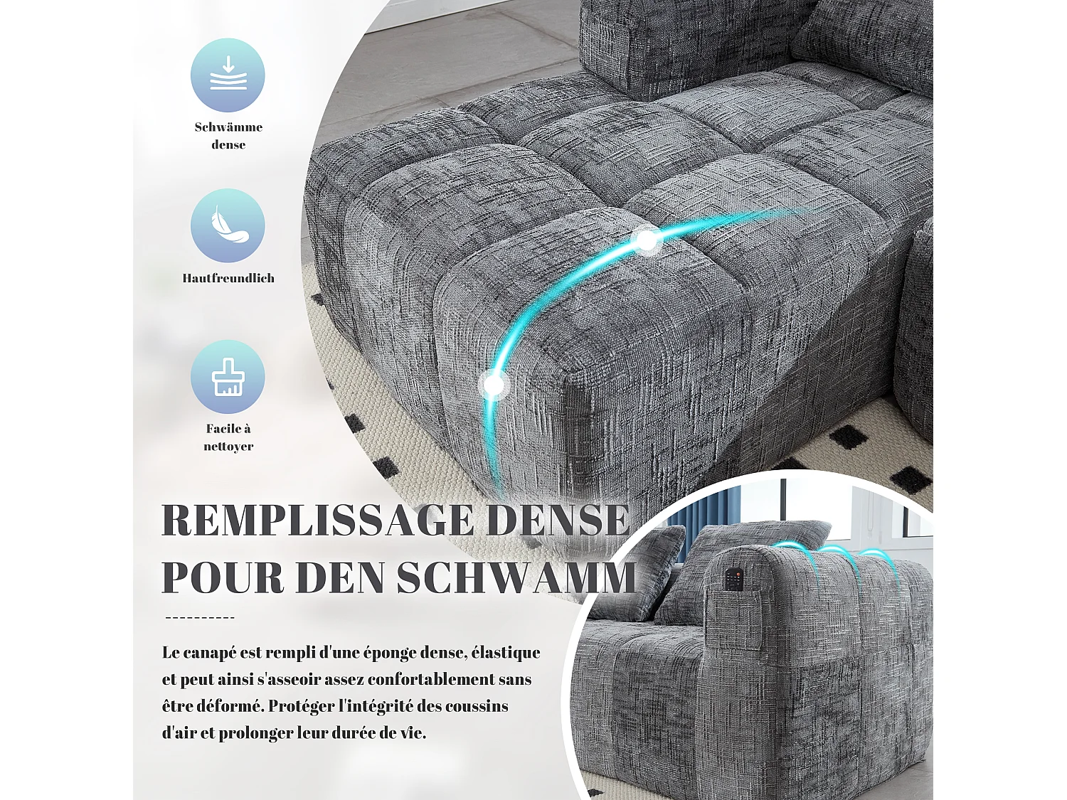 Canapé d'Angle 3 Places en Chenille Gris avec 3 Dossiers Amovibles  avec Poche de Rangement - Confort Modulable