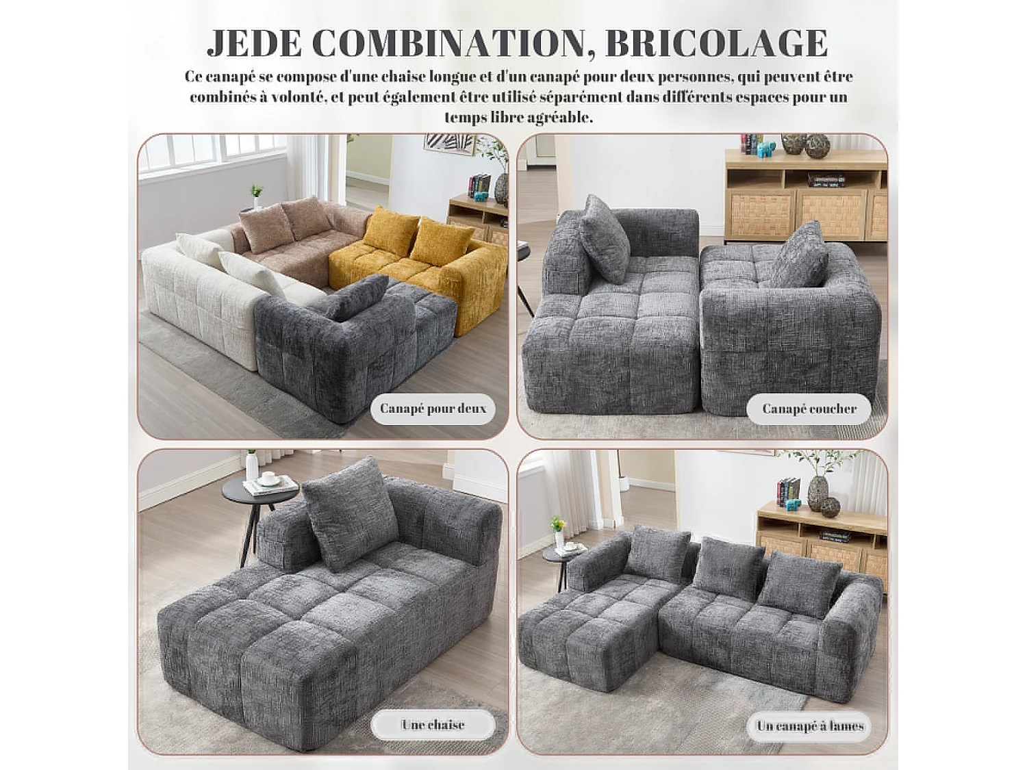 Canapé d'Angle 3 Places en Chenille Gris avec 3 Dossiers Amovibles  avec Poche de Rangement - Confort Modulable