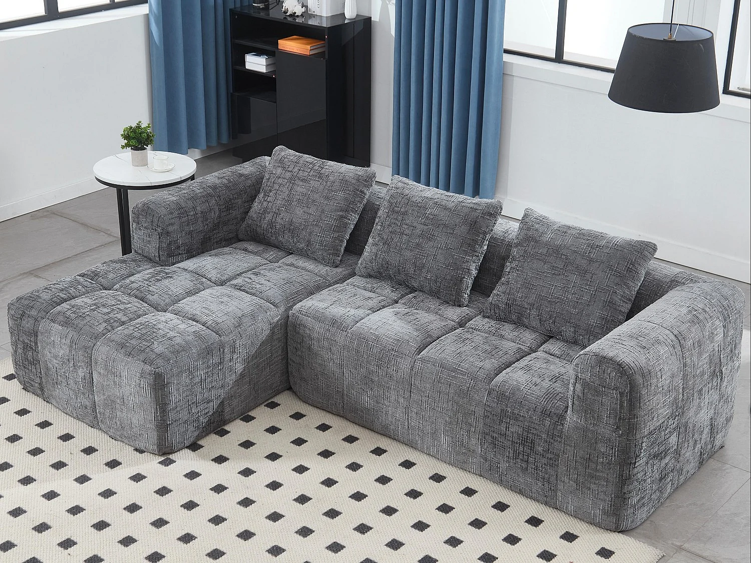 Canapé d'Angle 3 Places en Chenille Gris avec 3 Dossiers Amovibles  avec Poche de Rangement - Confort Modulable