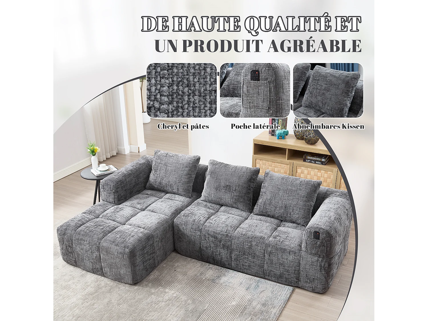 Canapé d'Angle 3 Places en Chenille Gris avec 3 Dossiers Amovibles  avec Poche de Rangement - Confort Modulable