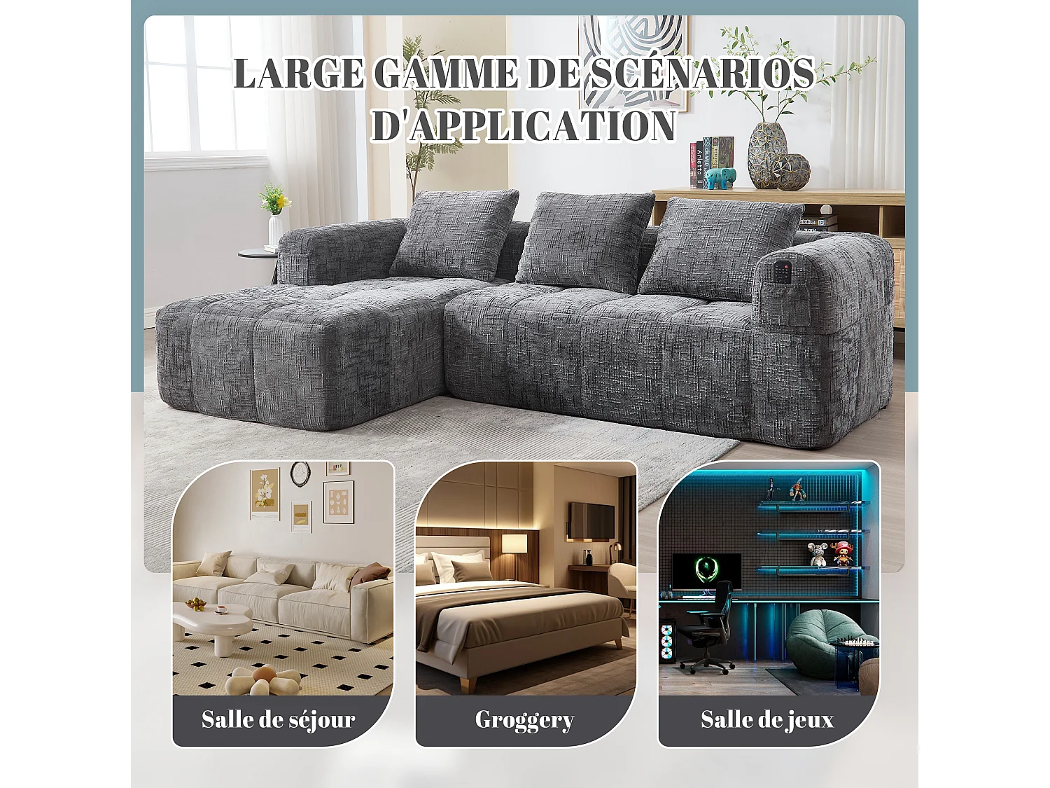Canapé d'Angle 3 Places en Chenille Gris avec 3 Dossiers Amovibles  avec Poche de Rangement - Confort Modulable