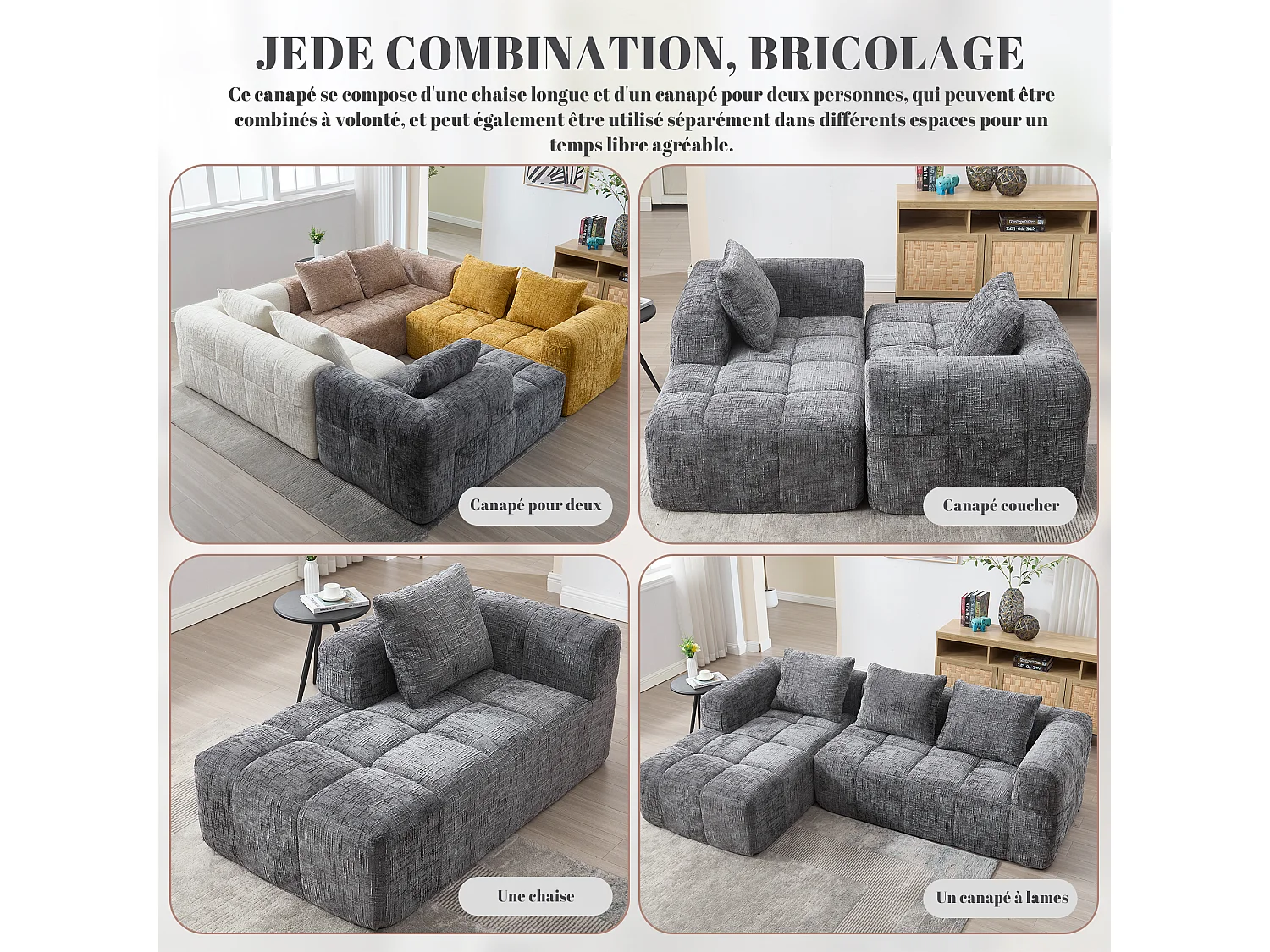 Canapé d'Angle 3 Places en Chenille Gris avec 3 Dossiers Amovibles  avec Poche de Rangement - Confort Modulable