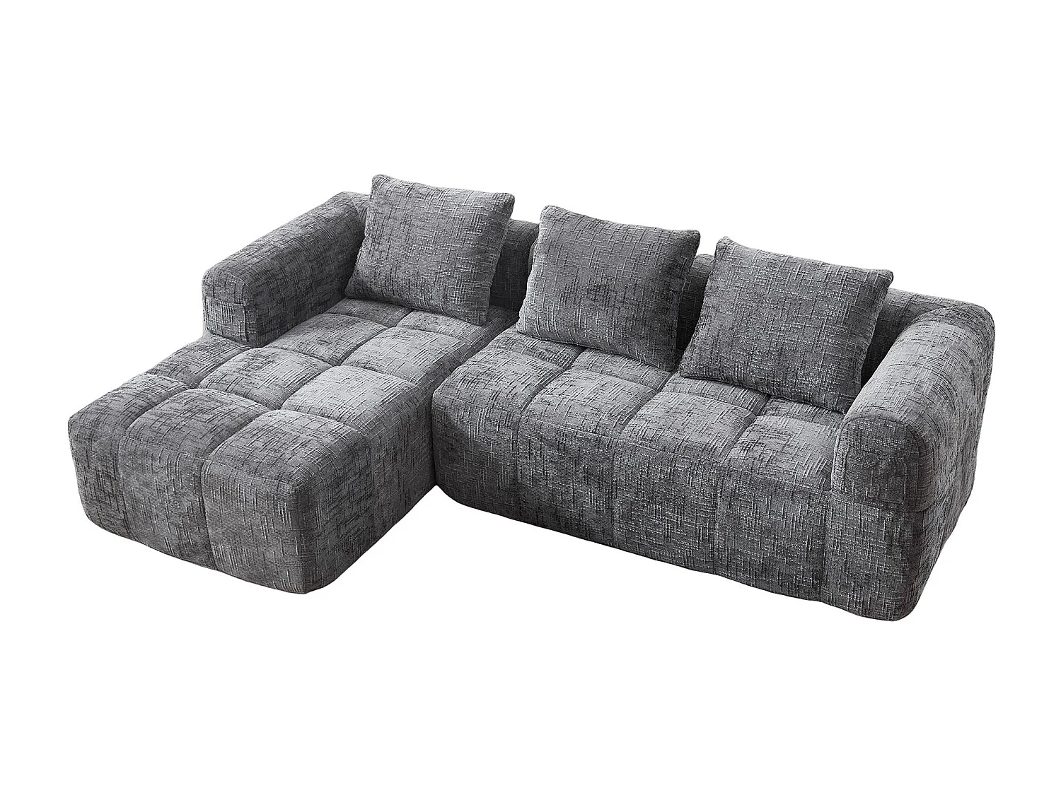 Canapé d'Angle 3 Places en Chenille Gris avec 3 Dossiers Amovibles  avec Poche de Rangement - Confort Modulable