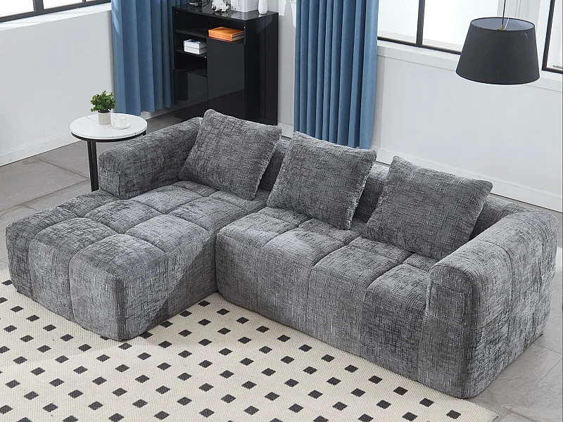 Canapé d'Angle 3 Places en Chenille Gris avec 3 Dossiers Amovibles  avec Poche de Rangement - Confort Modulable