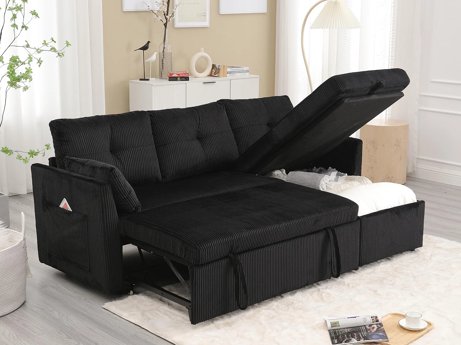 Canapé 3 Places d'Angle Convertible avec Rangement en Velours Noir Rayé -  avec 2 Oreiller - 206x130x66-88cm
