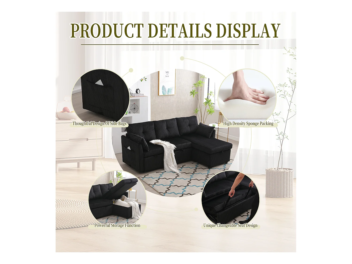 Canapé 3 Places d'Angle Convertible avec Rangement en Velours Noir Rayé -  avec 2 Oreiller - 206x130x66-88cm