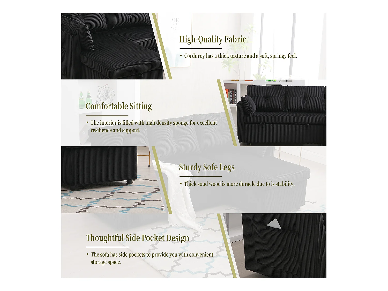 Canapé 3 Places d'Angle Convertible avec Rangement en Velours Noir Rayé -  avec 2 Oreiller - 206x130x66-88cm