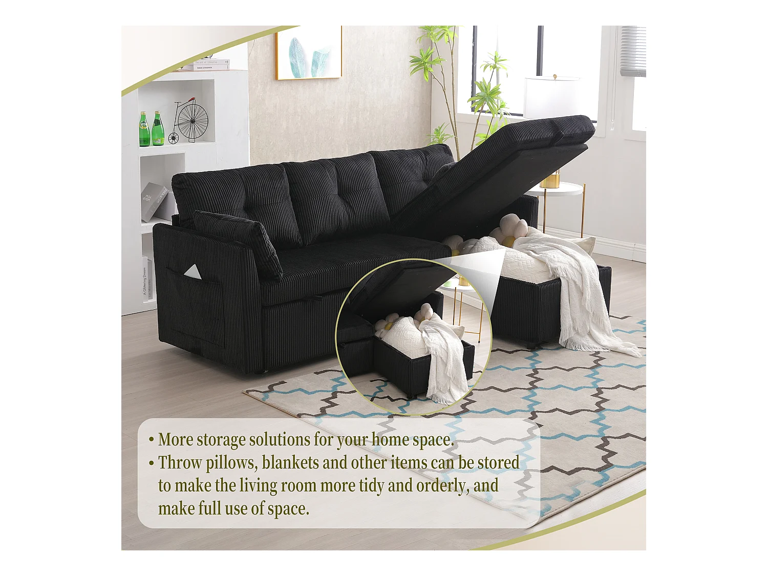 Canapé 3 Places d'Angle Convertible avec Rangement en Velours Noir Rayé -  avec 2 Oreiller - 206x130x66-88cm