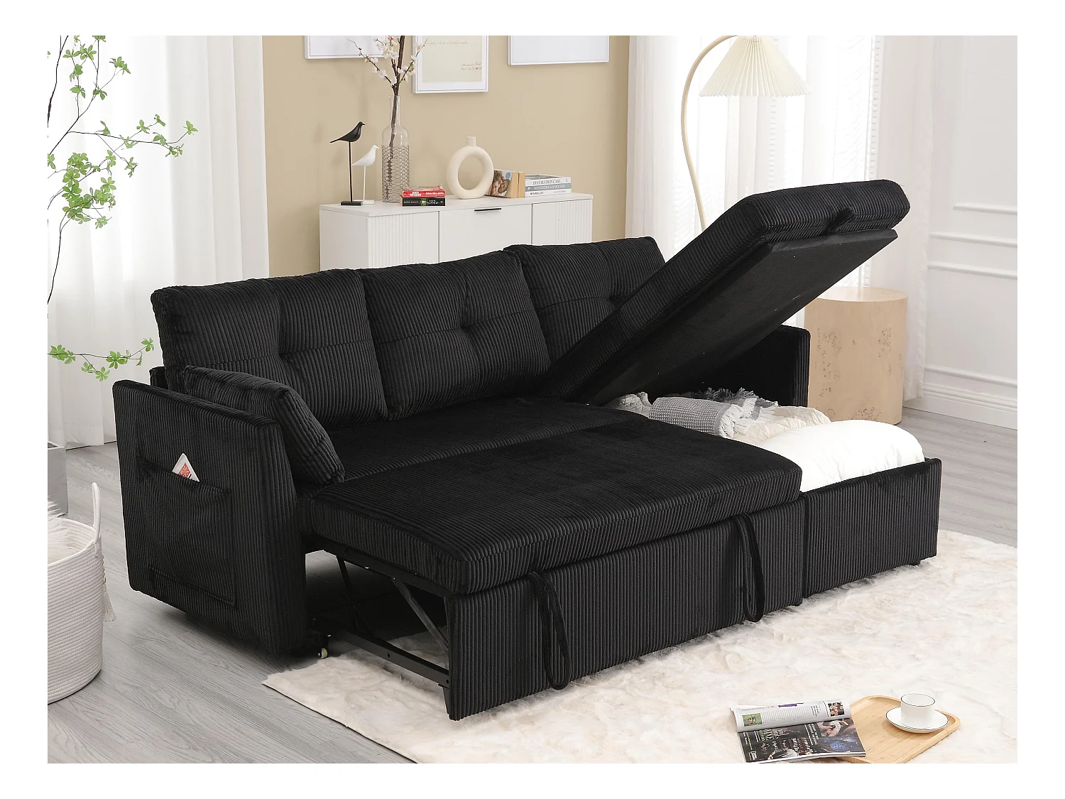 Canapé 3 Places d'Angle Convertible avec Rangement en Velours Noir Rayé -  avec 2 Oreiller - 206x130x66-88cm