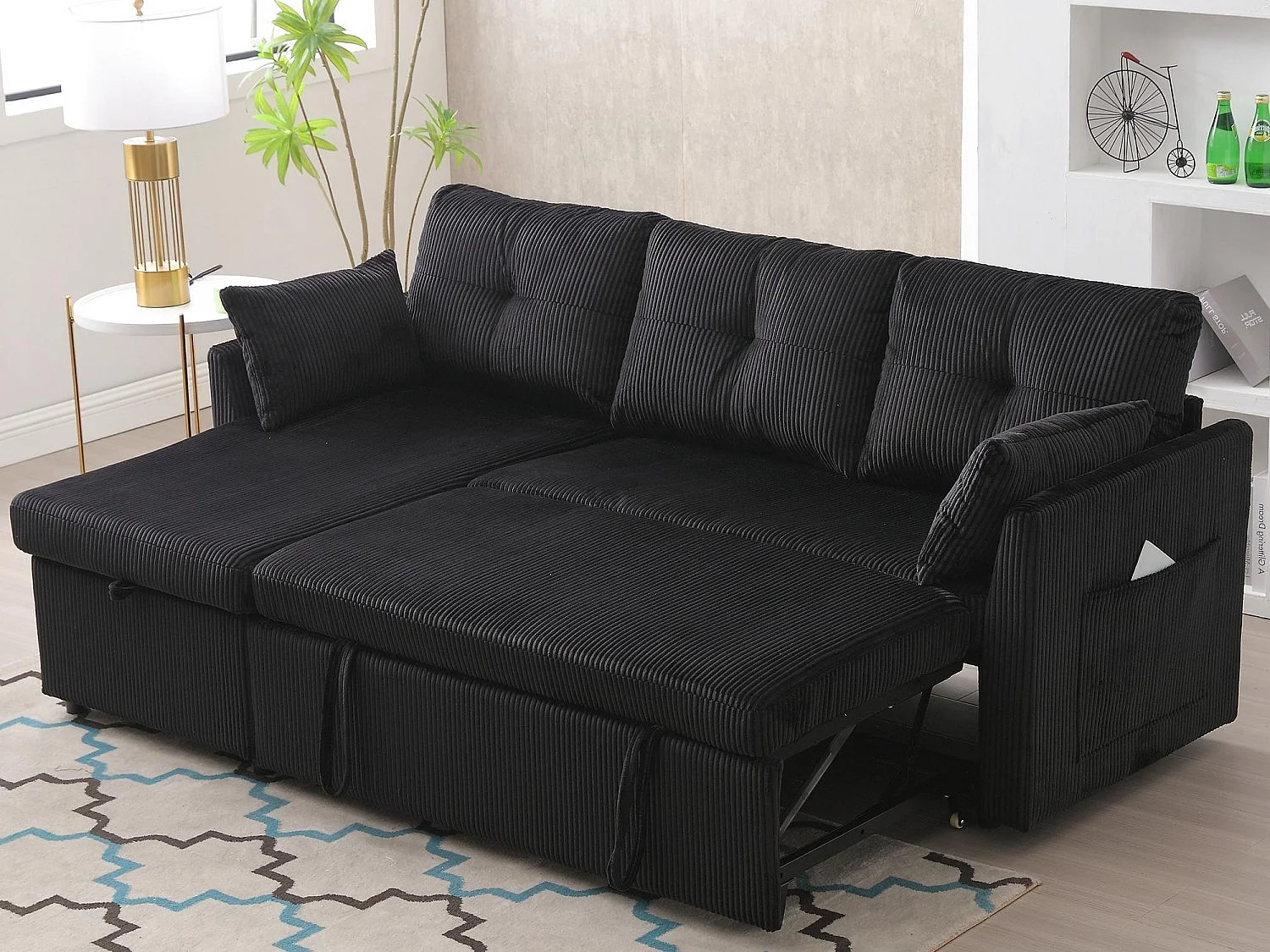 Allurex 1.0 - Canapé 3 Places d'Angle Convertible avec Rangement en Velours Noir Rayé -  avec 2 Oreiller - 206x130x66-88cm