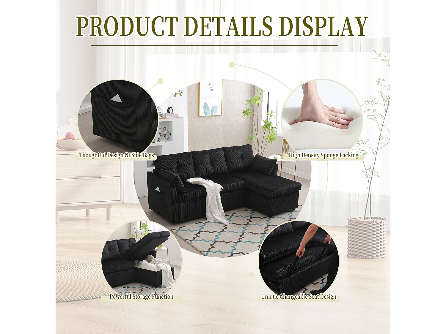 Allurex 1.0 - Canapé 3 Places d'Angle Convertible avec Rangement en Velours Noir Rayé -  avec 2 Oreiller - 206x130x66-88cm