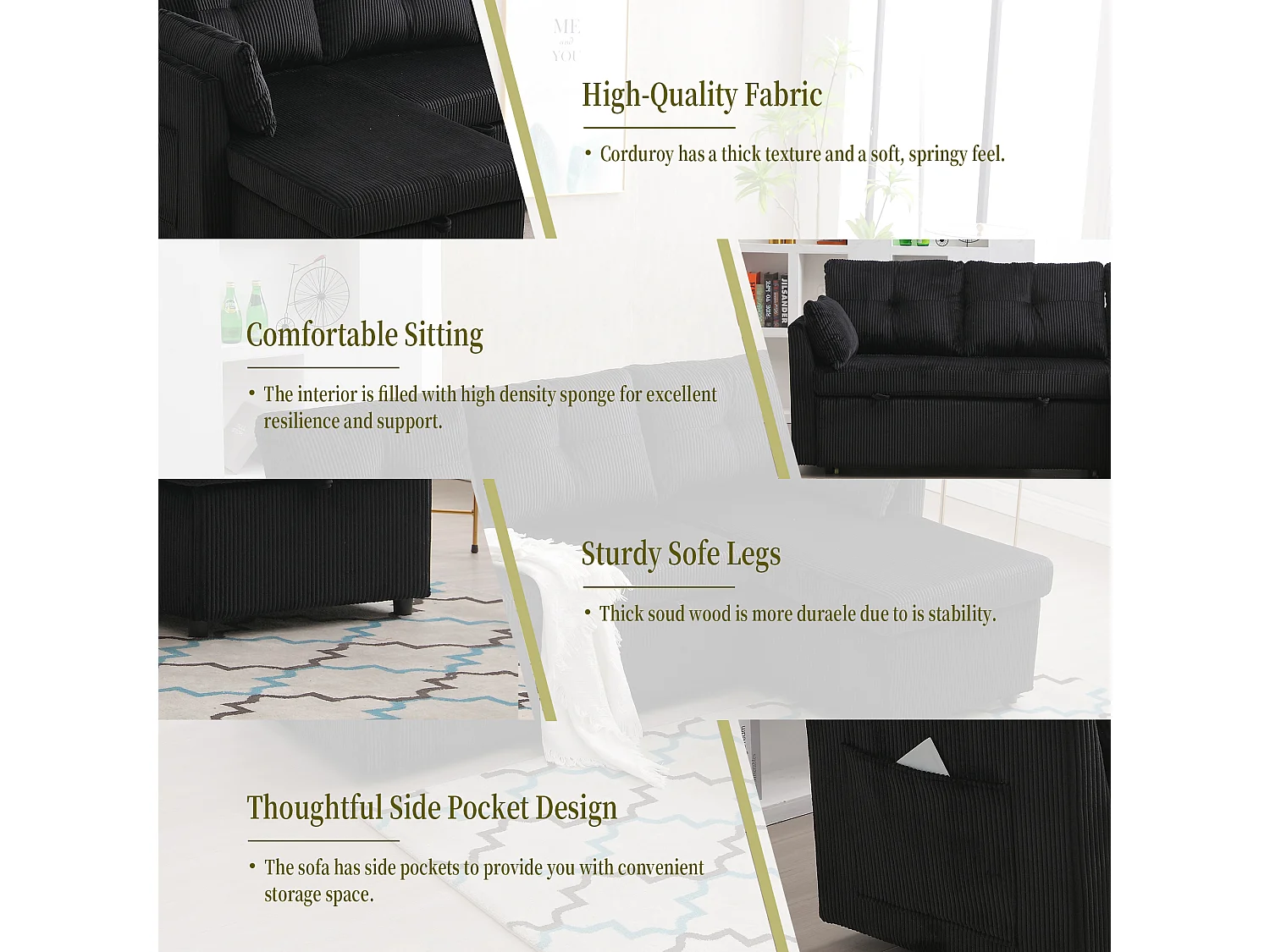 Allurex 1.0 - Canapé 3 Places d'Angle Convertible avec Rangement en Velours Noir Rayé -  avec 2 Oreiller - 206x130x66-88cm