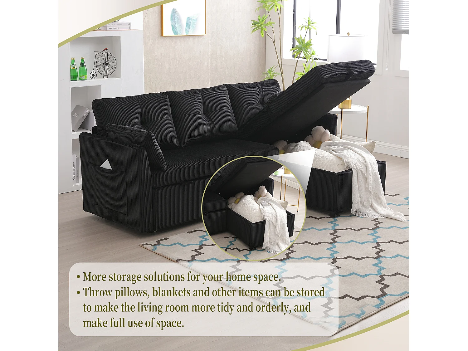 Allurex 1.0 - Canapé 3 Places d'Angle Convertible avec Rangement en Velours Noir Rayé -  avec 2 Oreiller - 206x130x66-88cm