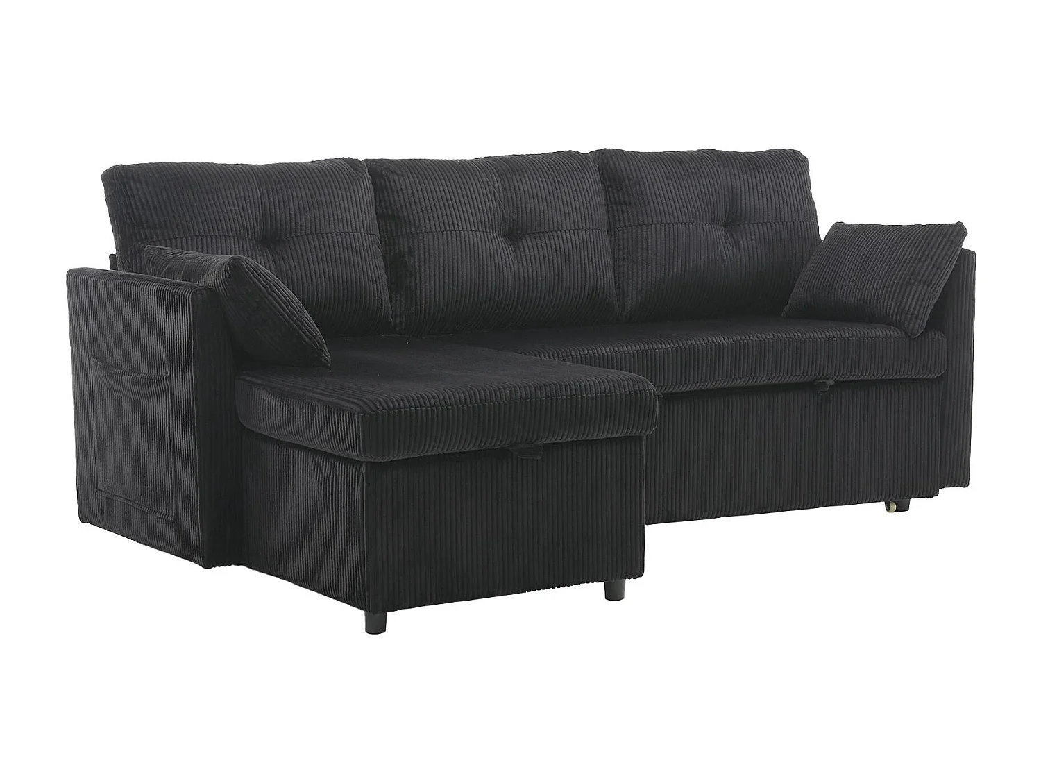 Allurex 1.0 - Canapé 3 Places d'Angle Convertible avec Rangement en Velours Noir Rayé -  avec 2 Oreiller - 206x130x66-88cm