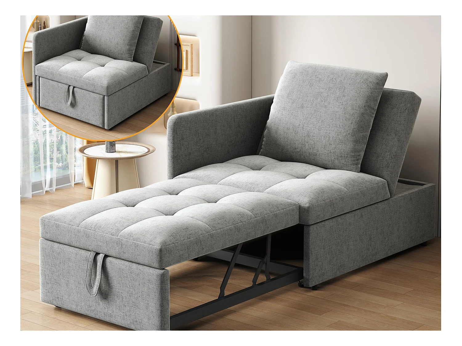 Wygodne sofa z funkcją spania 177x68x65 cm - Wielofunkcyjna sofa 3 w 1 - Len - Regulowane oparcie - Jasnoszary