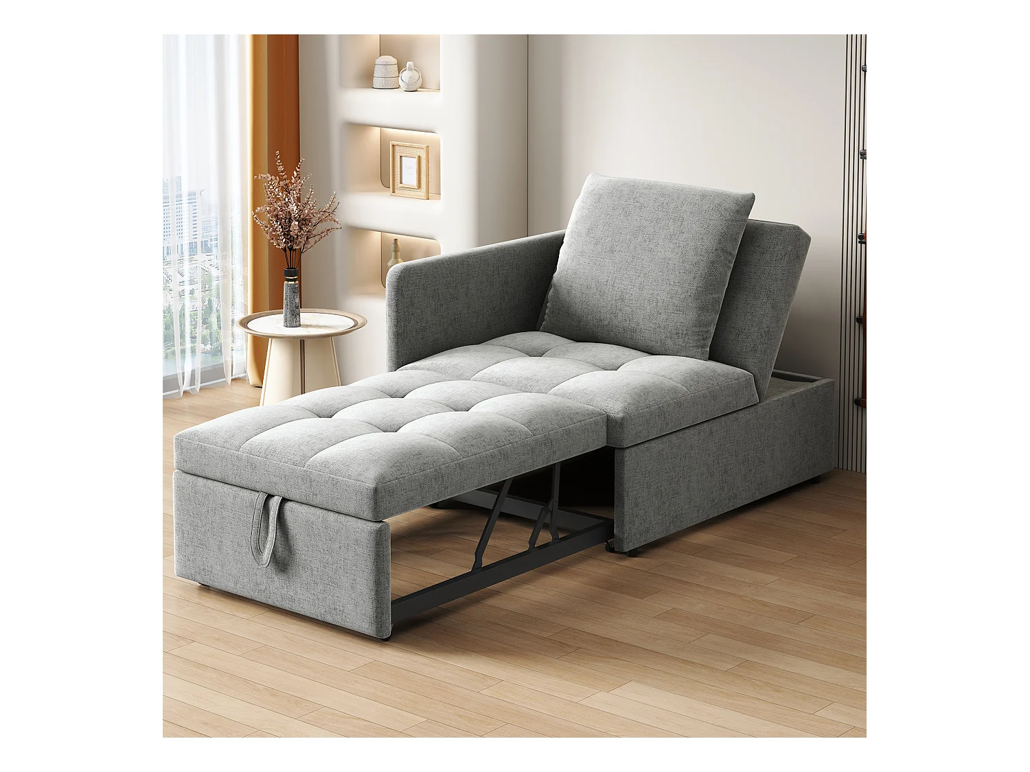 Wygodne sofa z funkcją spania 177x68x65 cm - Wielofunkcyjna sofa 3 w 1 - Len - Regulowane oparcie - Jasnoszary