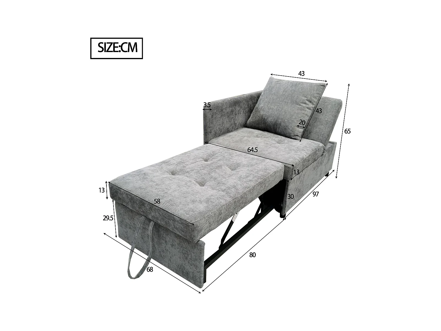 Wygodne sofa z funkcją spania 177x68x65 cm - Wielofunkcyjna sofa 3 w 1 - Len - Regulowane oparcie - Jasnoszary